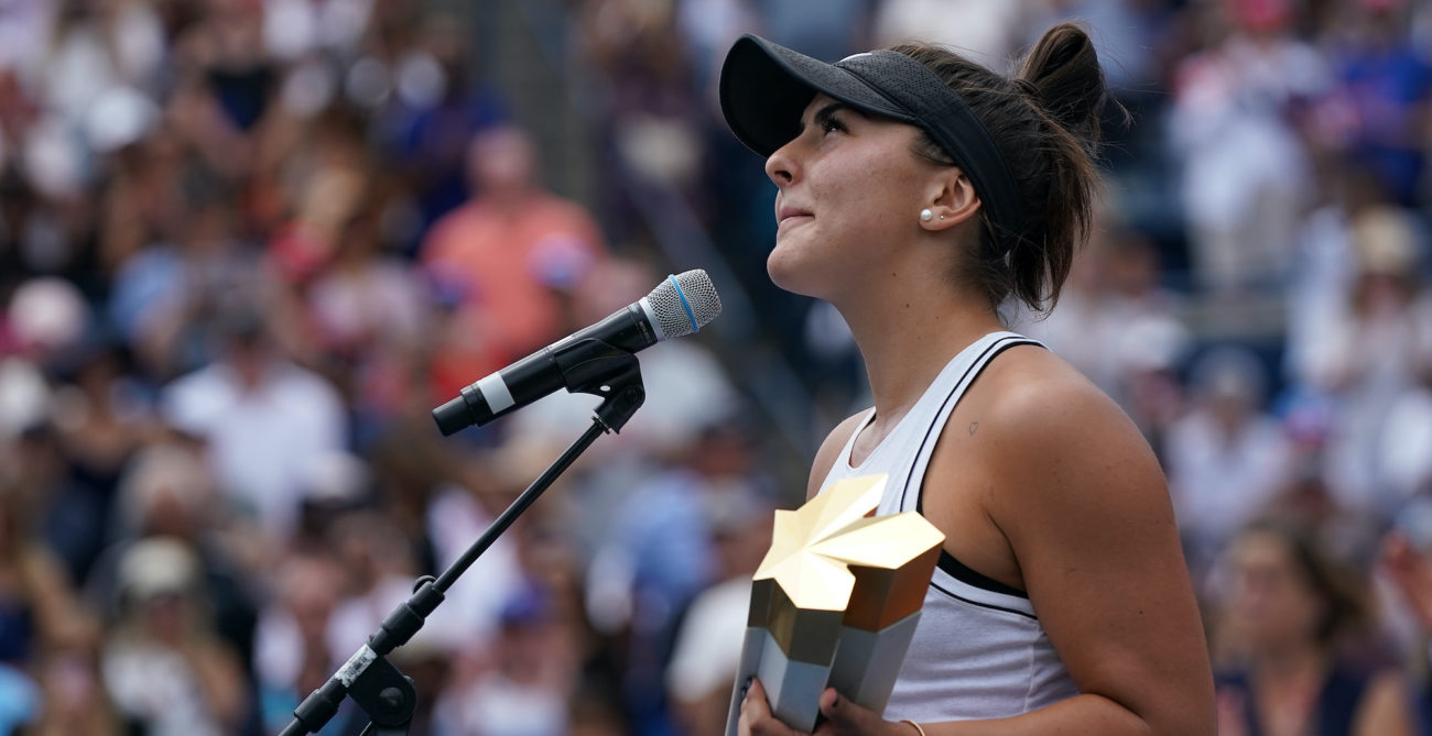 bianca andreescu looks to the crowd after winning rogers cup