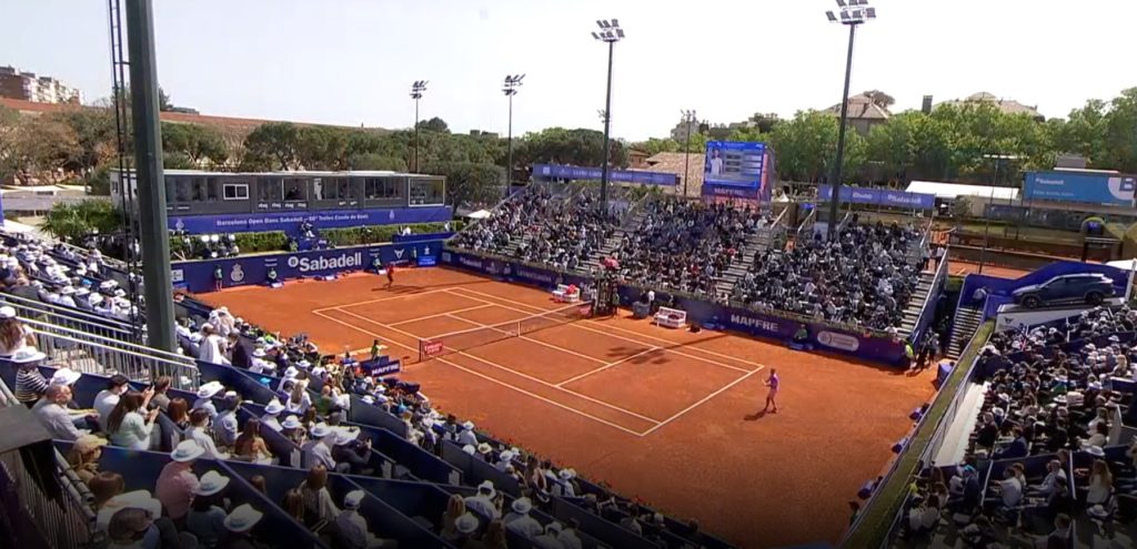 High view of the Barcelona Open centre court, full stadium, at daytime