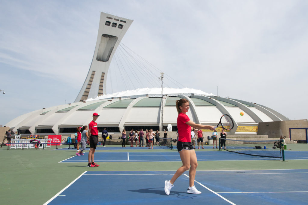 Simona Halep plays mini tennis near the Montreal Olympic Stadium