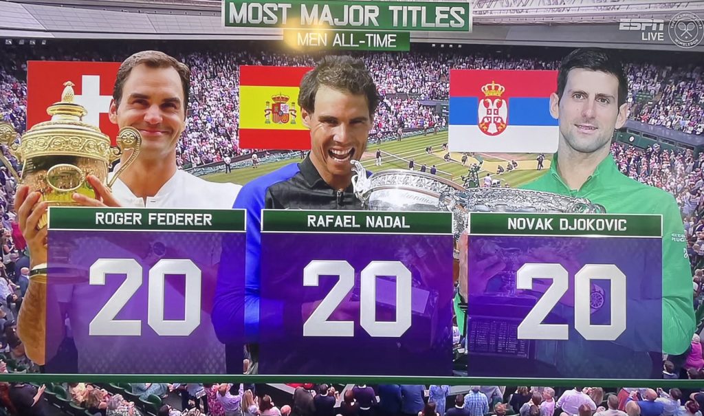 Graphic with Federer, Nadal, and Djokovic holding Grand Slam trophies and the number 20 written underneath them