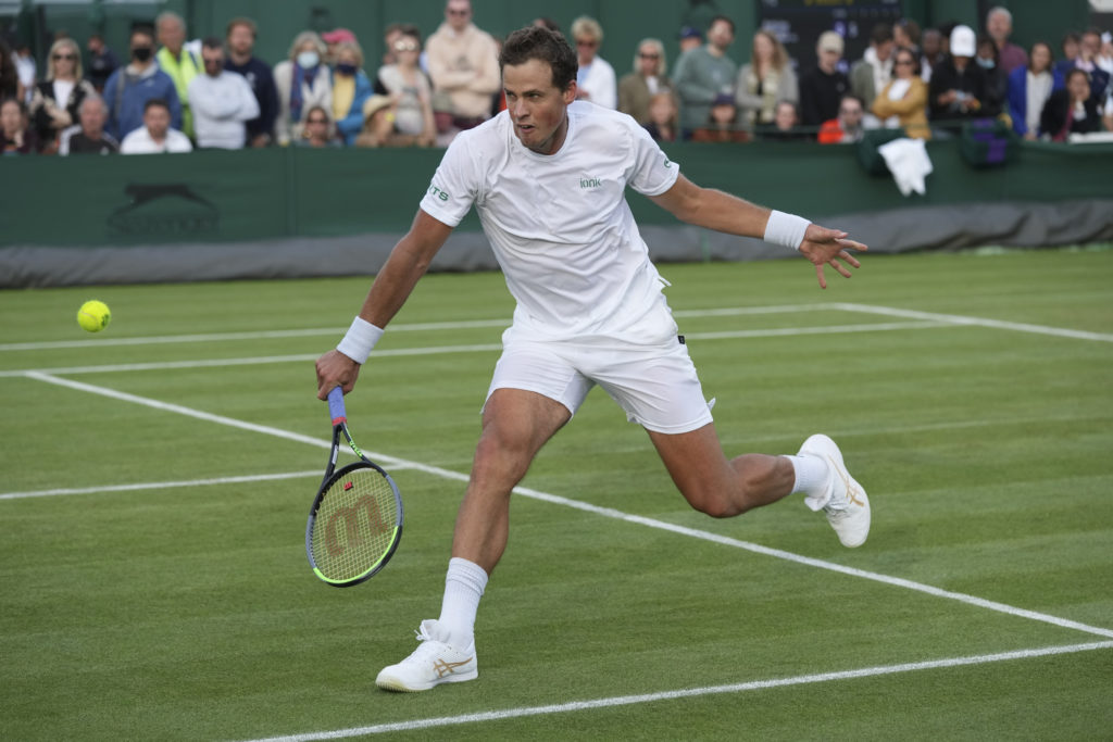 Vasek Pospisil hits a backhand volley on grass
