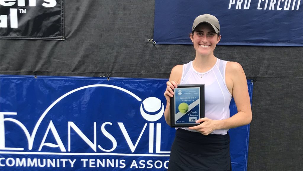 Rebecca Marino poses with the Evansville ITF 2k trophy after her win