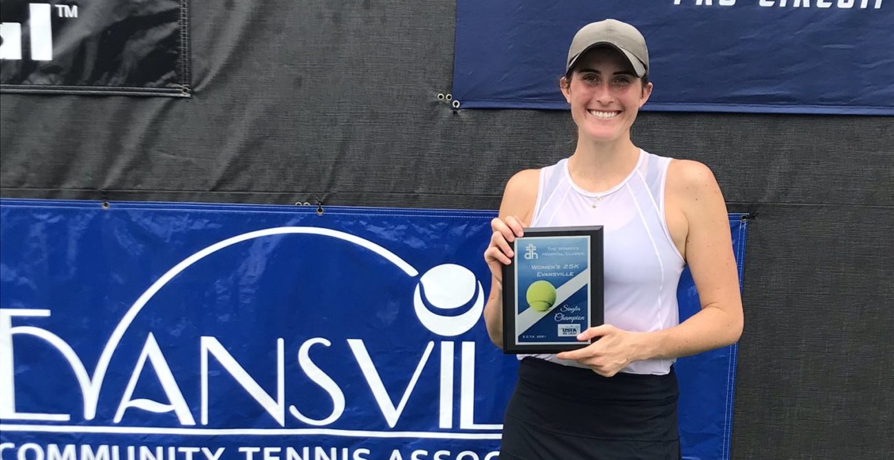 Rebecca Marino poses with the Evansville ITF 2k trophy after her win