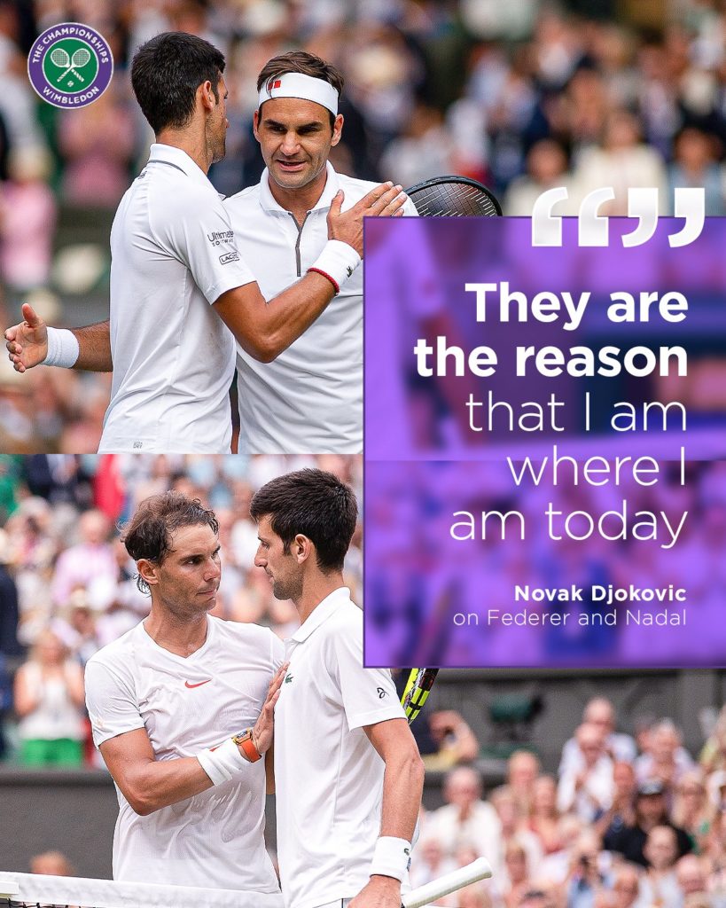 Montage of Djokovic huging Federer and Nadal and a quote of Djokovic thanking them 