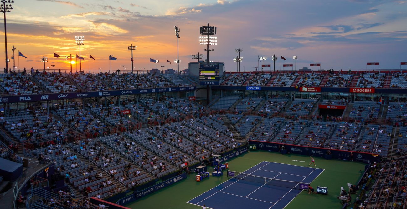 Sunset over Centre Court in Montreal during a match