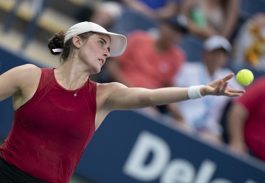 Rebecca Marino serves during the 2021 US Open first round