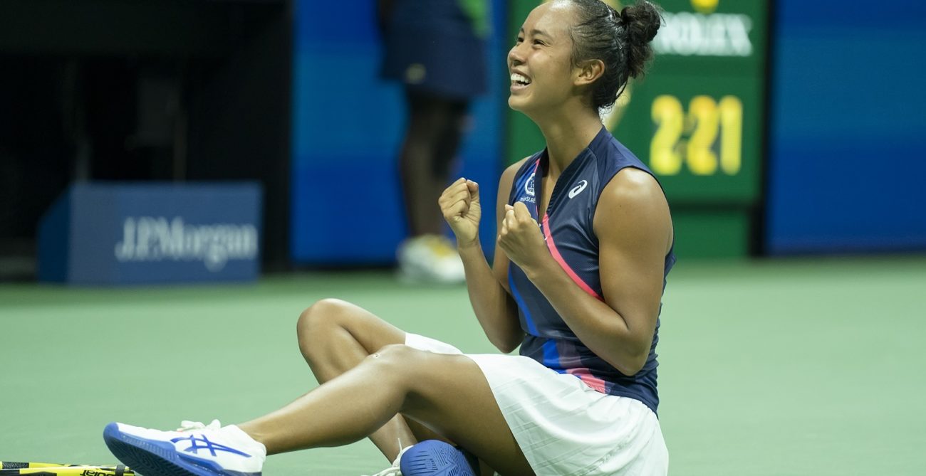 Leylah Fernandez celebrates her US Open semi-final win over Aryna Sabalenka