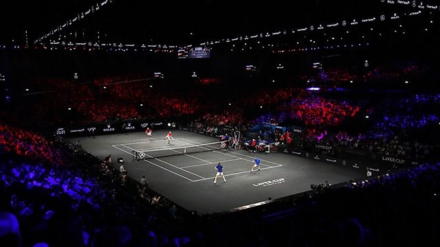 Wide view of the Laver Cup court during a match