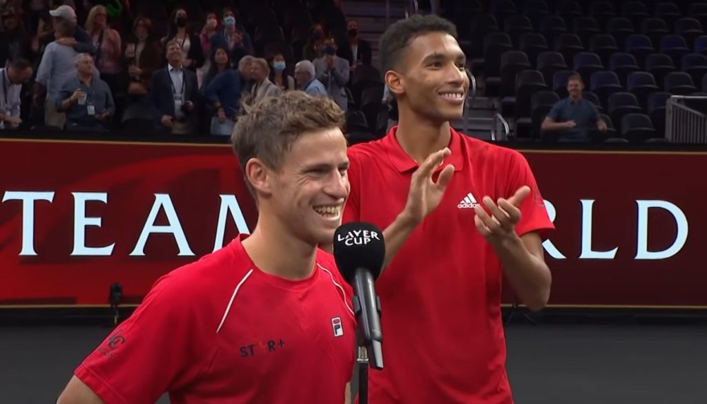 Diego Schwartzman and Felix Auger Aliassime smiling at an on court interview