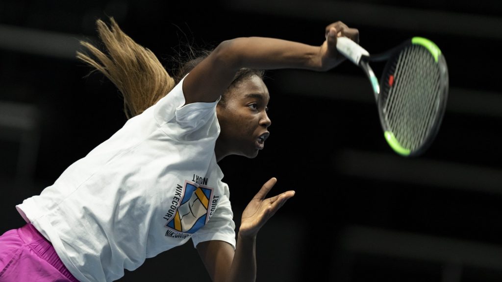 Francoise Abanda hits a serve in practice in Prague at the Billie Jean King Cup Finals