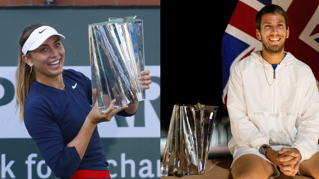 Photo Montage of Paula Badosa and Cameron Norrie with the Indian Wells Trophy