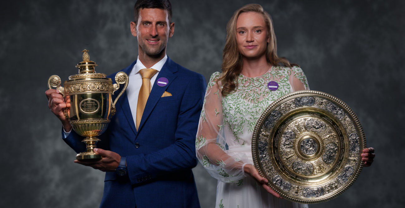Novak Djokovic and Elena Rybakina hold their trophies at the Wimbledon champions dinner.