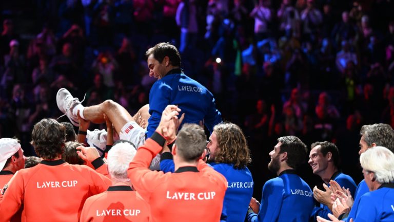 Federer is carried by fellow players at the Laver Cup after his last ever match