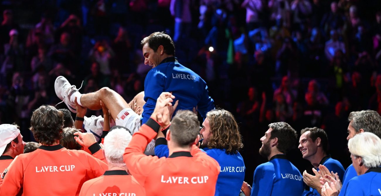 Federer is carried by fellow players at the Laver Cup after his last ever match