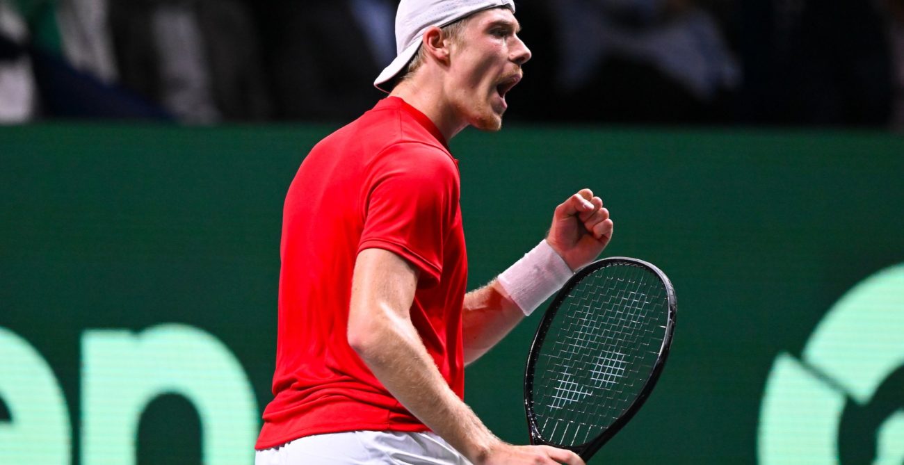 Denis Shapovalov pumps his fist during a match for Canada at the Davis Cup.
