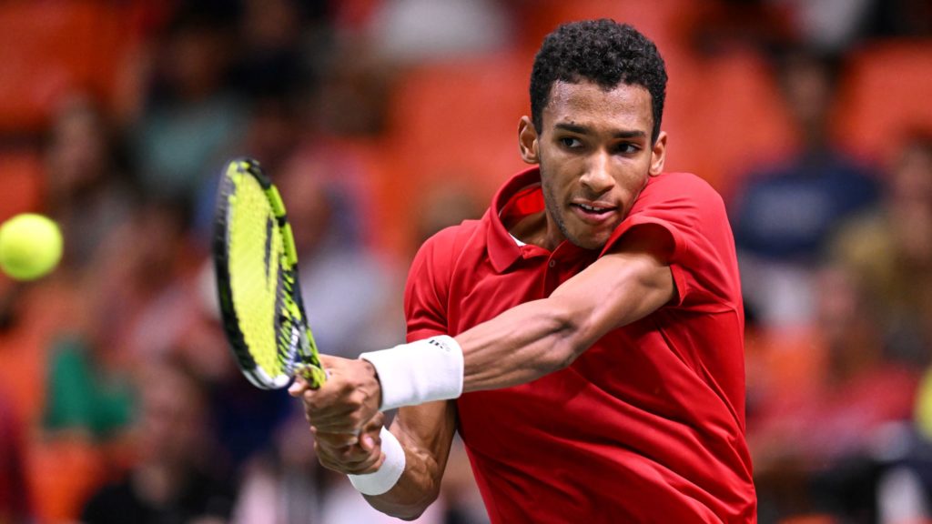 Felix Auger-Aliassime hits a backhand. Canada lost at the United Cup to Greece on Wednesday.