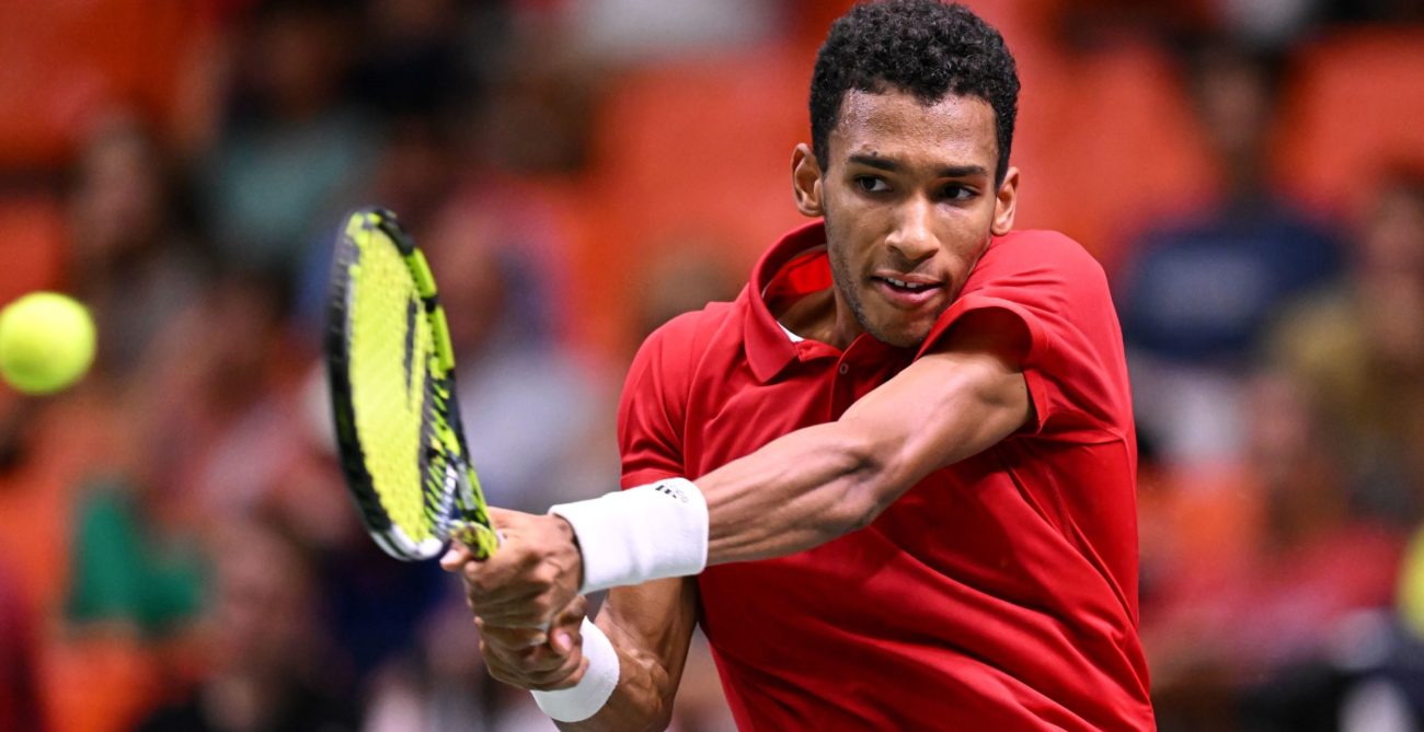 Felix Auger-Aliassime hits a backhand. Canada lost at the United Cup to Greece on Wednesday.