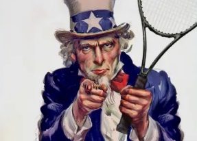 Uncle Sam, the cartoon drawing, holds a tennis racket.