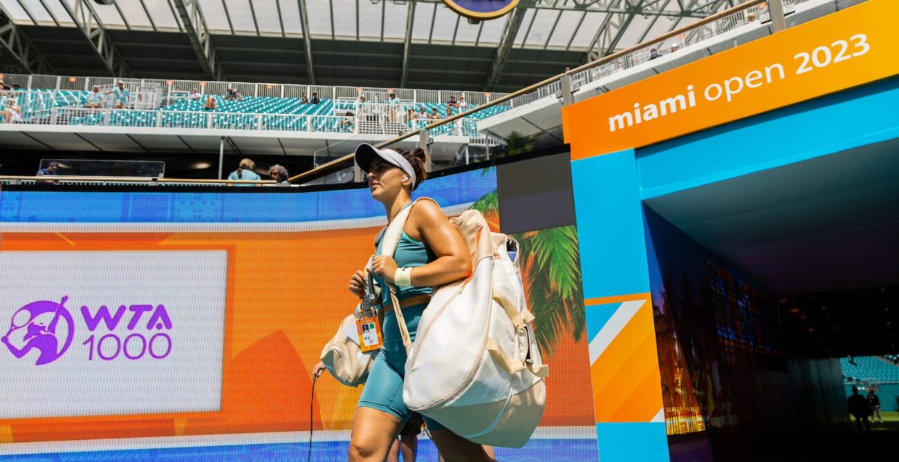 Bianca Andreescu walks onto the court at the Miami Open.
