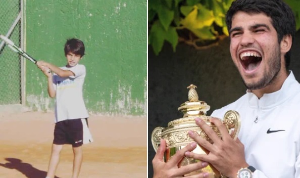 Left: Carlos Alacaraz as a child hitting a backhand. Right: Alracaz laughs while holding the WImbledon trophy.