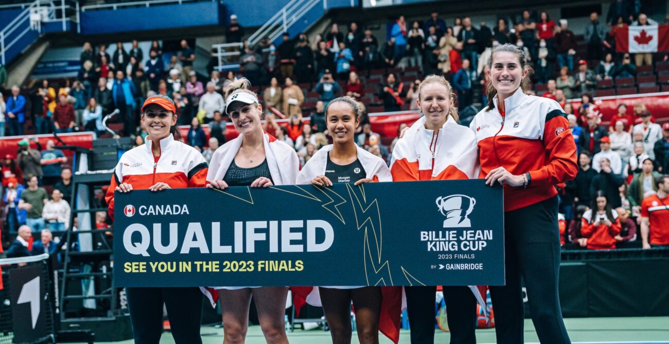 From left to right, Heidi el-Tabakh, Gabriela Dabrowski, Leylah Fernandez, Katherine Sebov and Rebecca Marino hold up a sign that says "qualified"