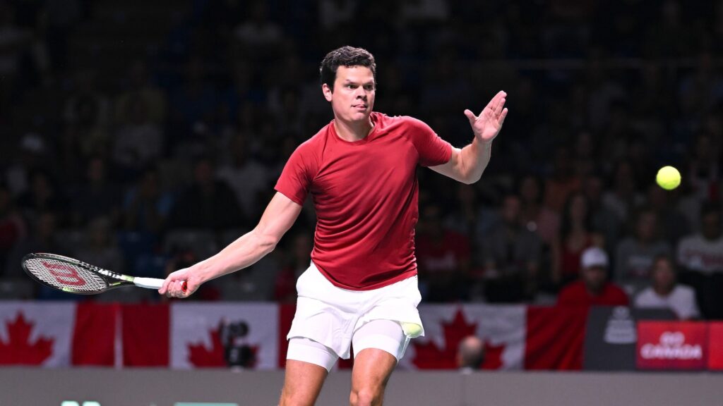 Milos Raonic hits a forehand during Canada's Davis Cup quarter-final.