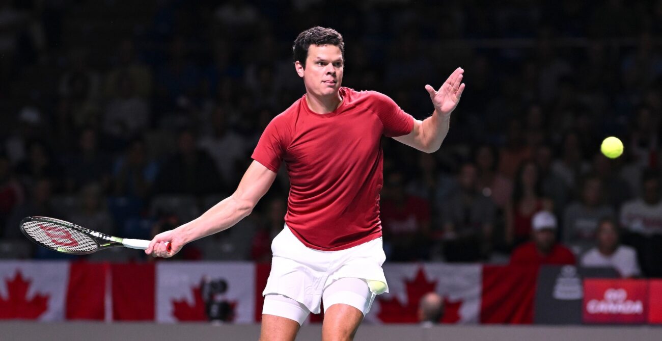 Milos Raonic hits a forehand during Canada's Davis Cup quarter-final.