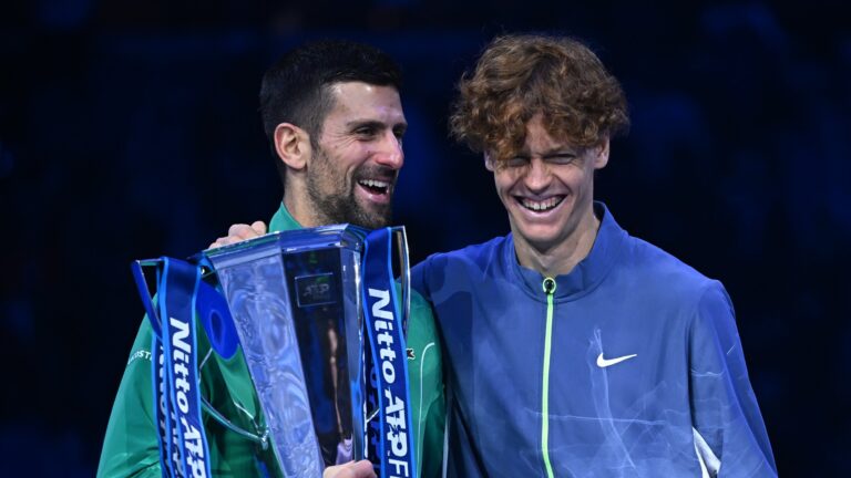 Novak Djokovic and Janner Sinner put their arms around each other after the final of hte ATP Finals, as discussed this week on Match Point Canada.