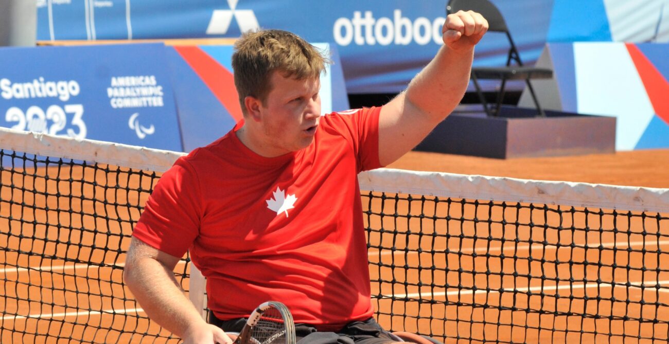 Thomas Venos pumps his fist after winning his first match at the Parapan Am Games.
