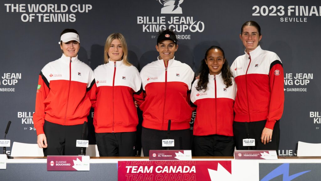 From left to right: Marina Stakusic, Eugenie Bouchard, Heidi El Tabakh, Leylah Fernandez, and Rebecca Marino stand together and smile at the camera.