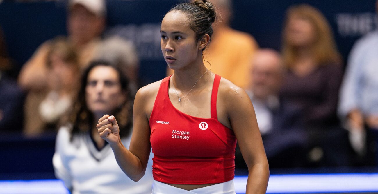 Leylah Fernandez pumps her fist. She led Canada to victory over Chile at the United Cup on Sunday.