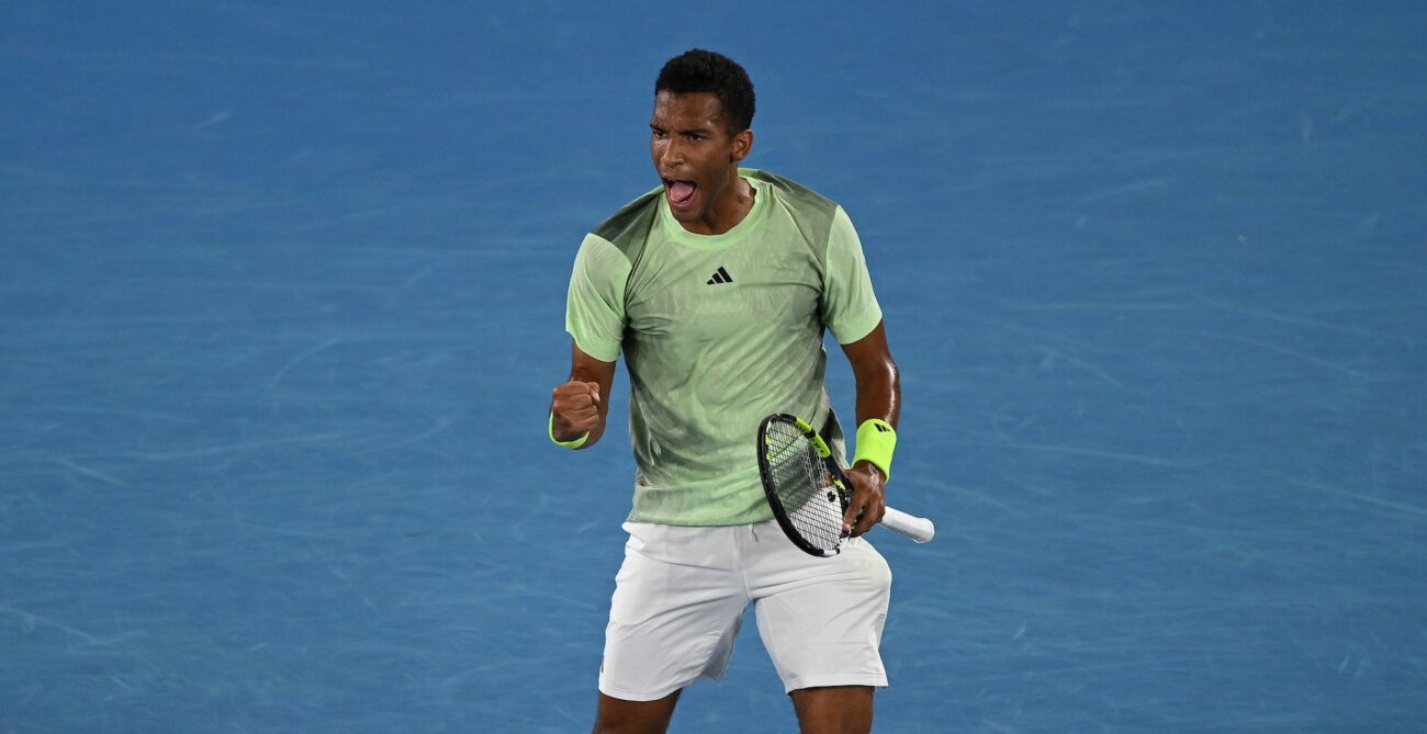 Felix Auger-Aliassime pumps his fist during his first-round win at the Austrlalian Open over Dominic Thiem.