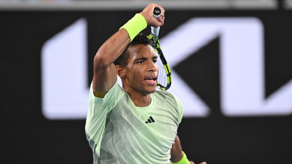 Felix Auger-Aliassime follows throw on a forehand. He lost to Alexander Bublik in Montpellier on Saturday.