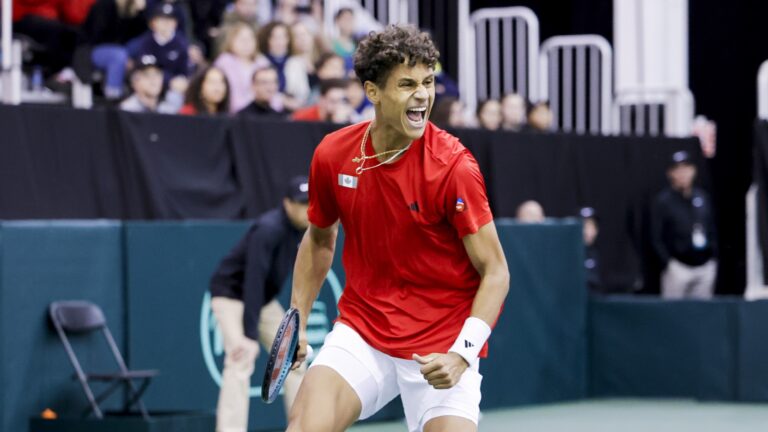 Gabriel Diallo screams in celebration during his match for Canada against Korea on Friday at the Davis Cup.
