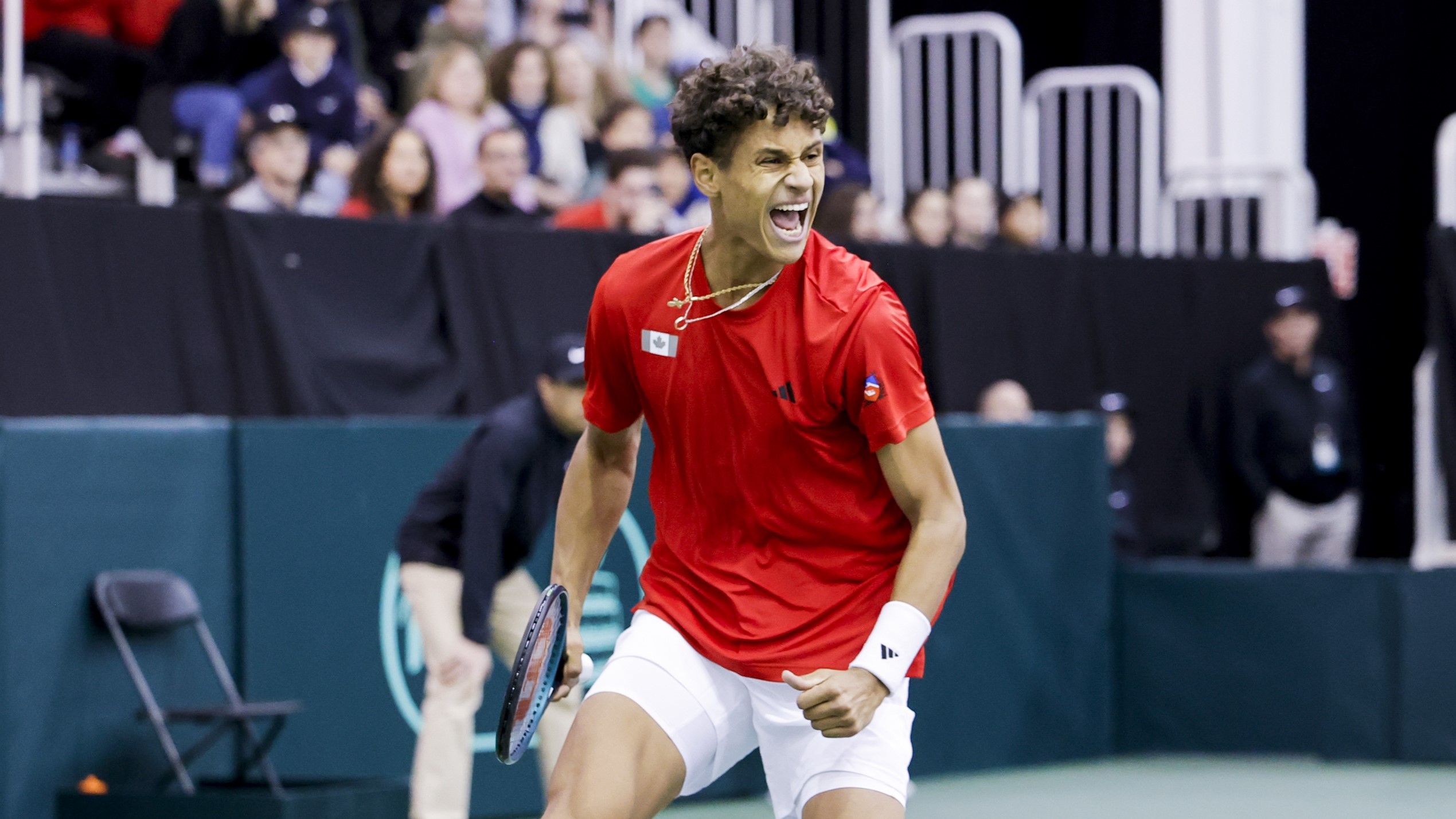 Gabriel Diallo screams in celebration during his match for Canada against Korea on Friday at the Davis Cup.