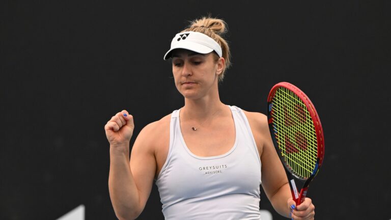 Gabriela Dabrowski pumps her fist. She is competing this week in Dubai.