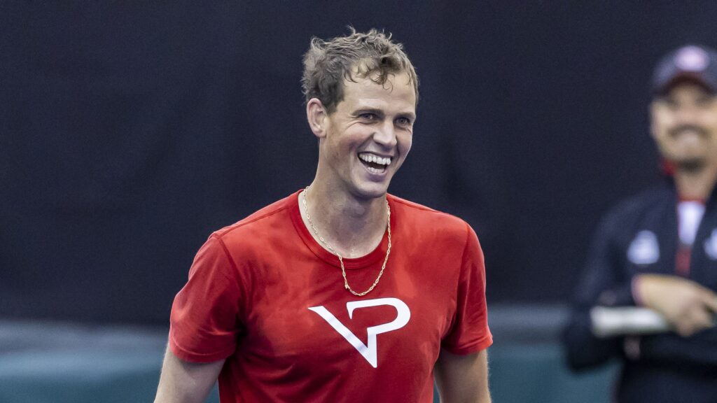 Vasek Pospisil smiles during a practice at the Davis Cup.