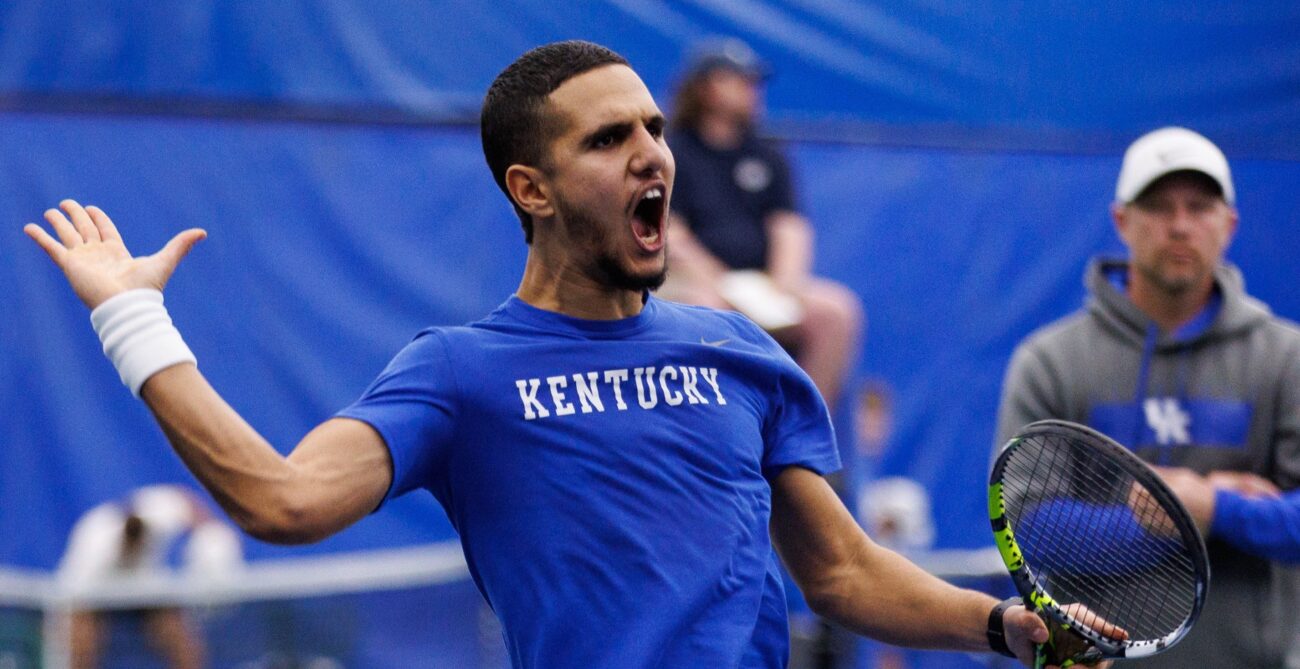 Canadian Taha Baadi celebrates during an NCAA match for the University of Kentucky.
