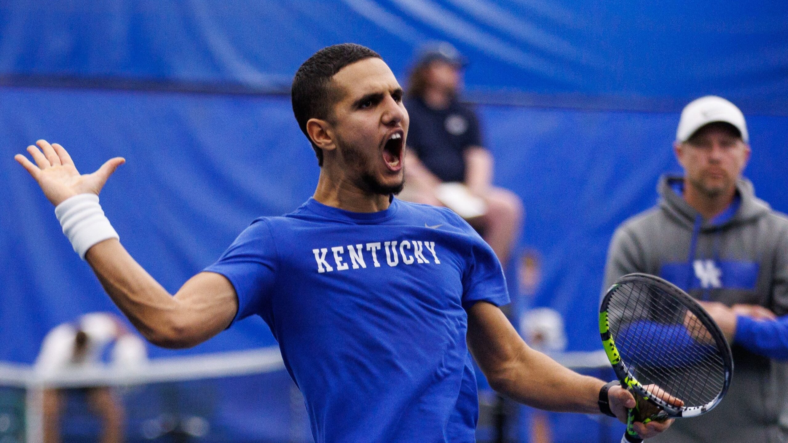 Canadian Taha Baadi celebrates during an NCAA match for the University of Kentucky.
