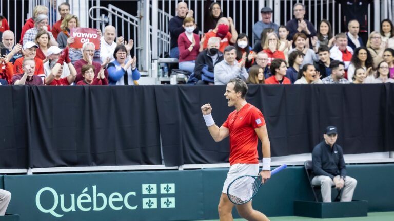 Vasek Pospisil pumps his fist in front of the cheering crowd during the Davis Cup tie between Team Canada and Korea.