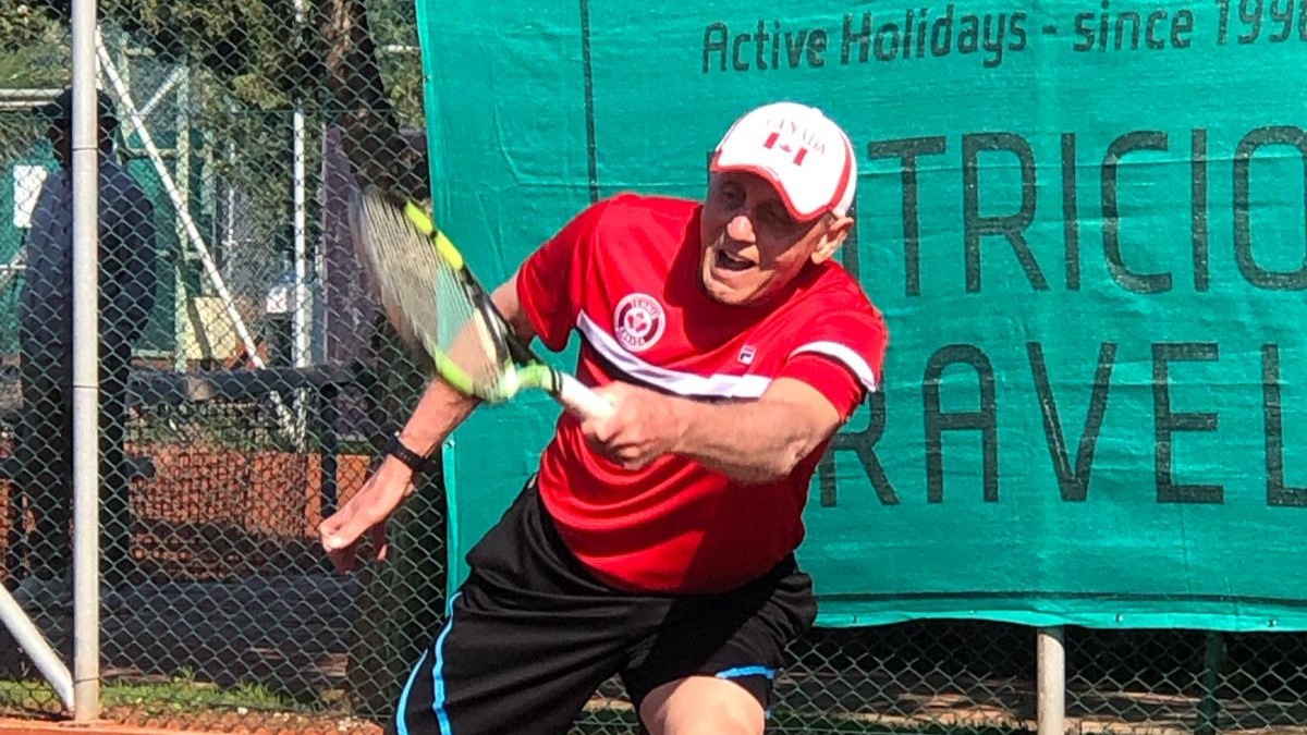 Joe Forrayi hits a forehand at the ITF Masters World Championships. He was also a Canadian winner at the ITF Masters Tour event in Calgary.