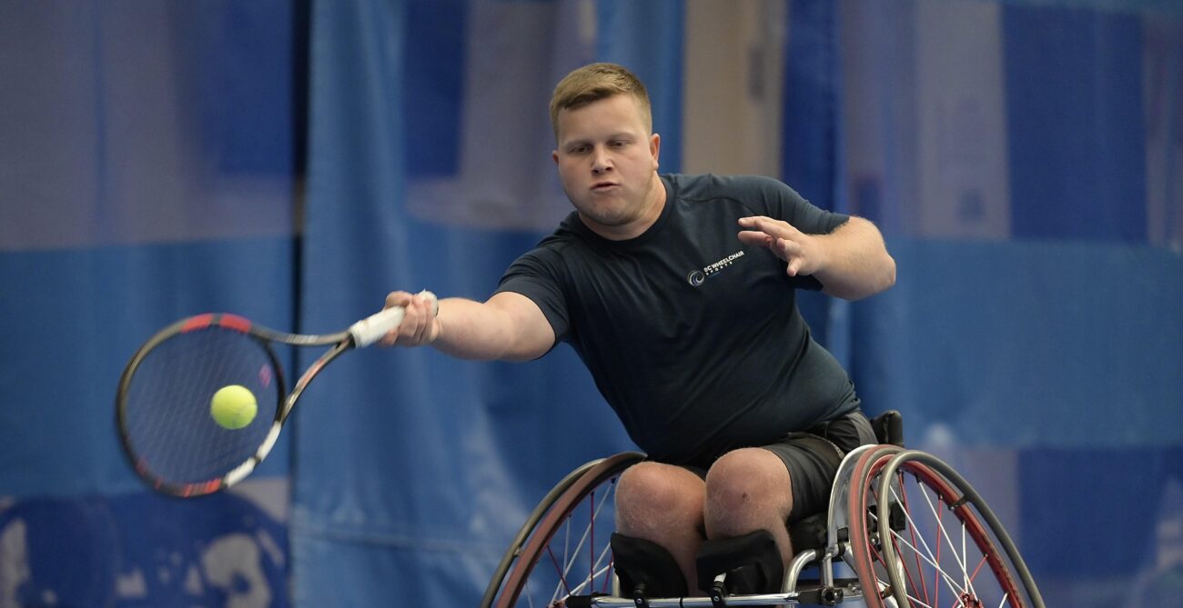 Thomas Venos hits a forehand during the ITF Wheelchair event in Villers-Les-Nancy.