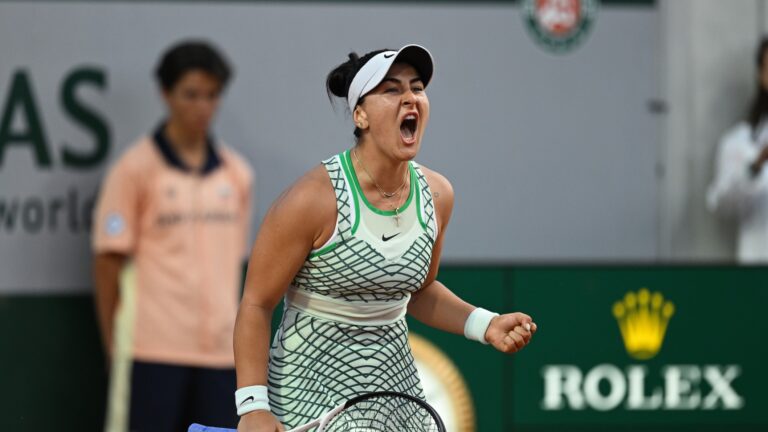 Bianca Andreescu pumps her first and yells during a match at the French Open. She is one of six Canadians at the 2024 event.