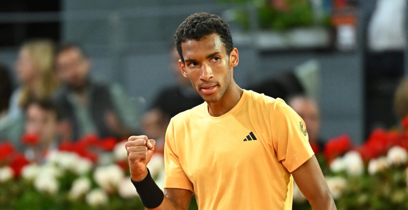 Felix Auger-Aliassime pumps his fist during the Madrid final. He is competing next in Rome.
